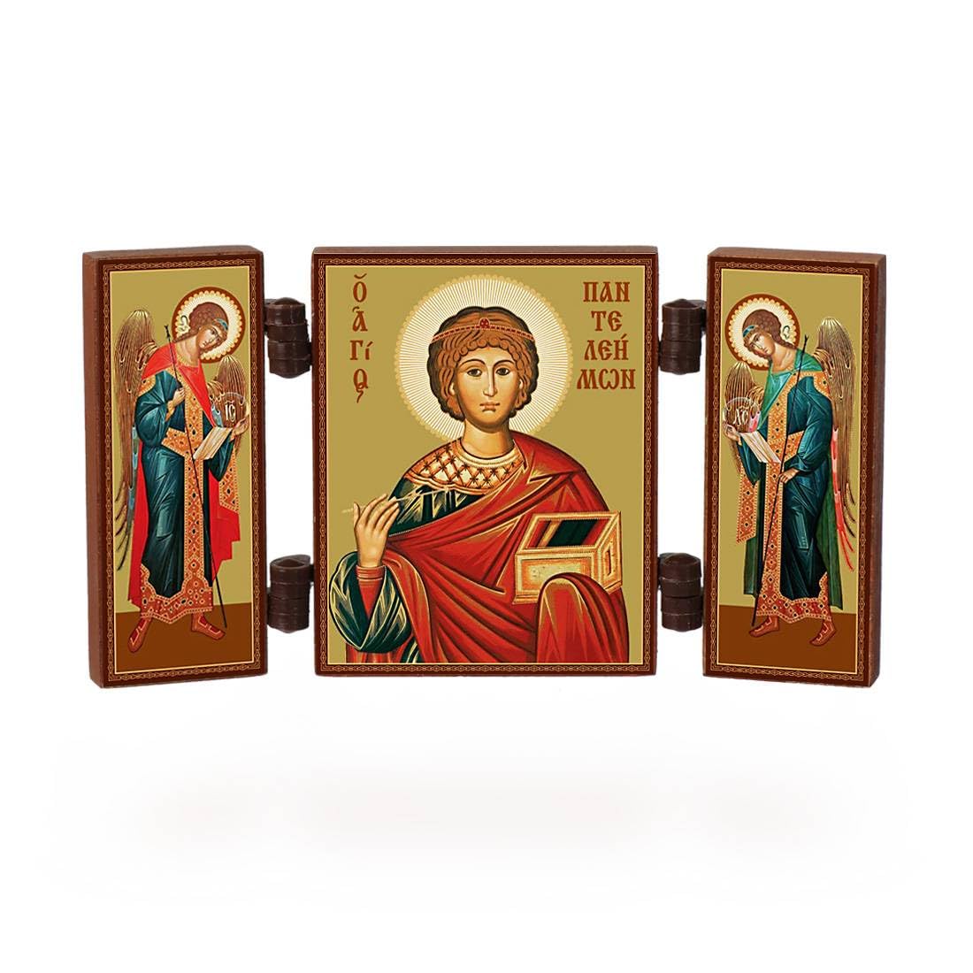 NKlaus - Saint Pantaleon - Christian icon triptych - Pantelejmon Celitel - travel altar wood 36181