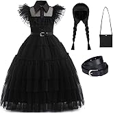 LNYSSQ Black Costumes Merlina Dress up for Girls Kids Halloweenwith Wig and Bag 4-12 Years