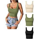 SOLY HUX Women's Square Neck Crop Tank Tops 3 Piece Set Ruched Side Tight Fitted Sleeveless Shirts