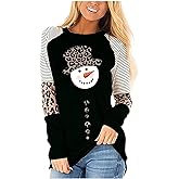 Christmas Snowman Snowflake Leopard Striped T-Shirt Women Cute Graphic Long Sleeve Casual Tunics Tops