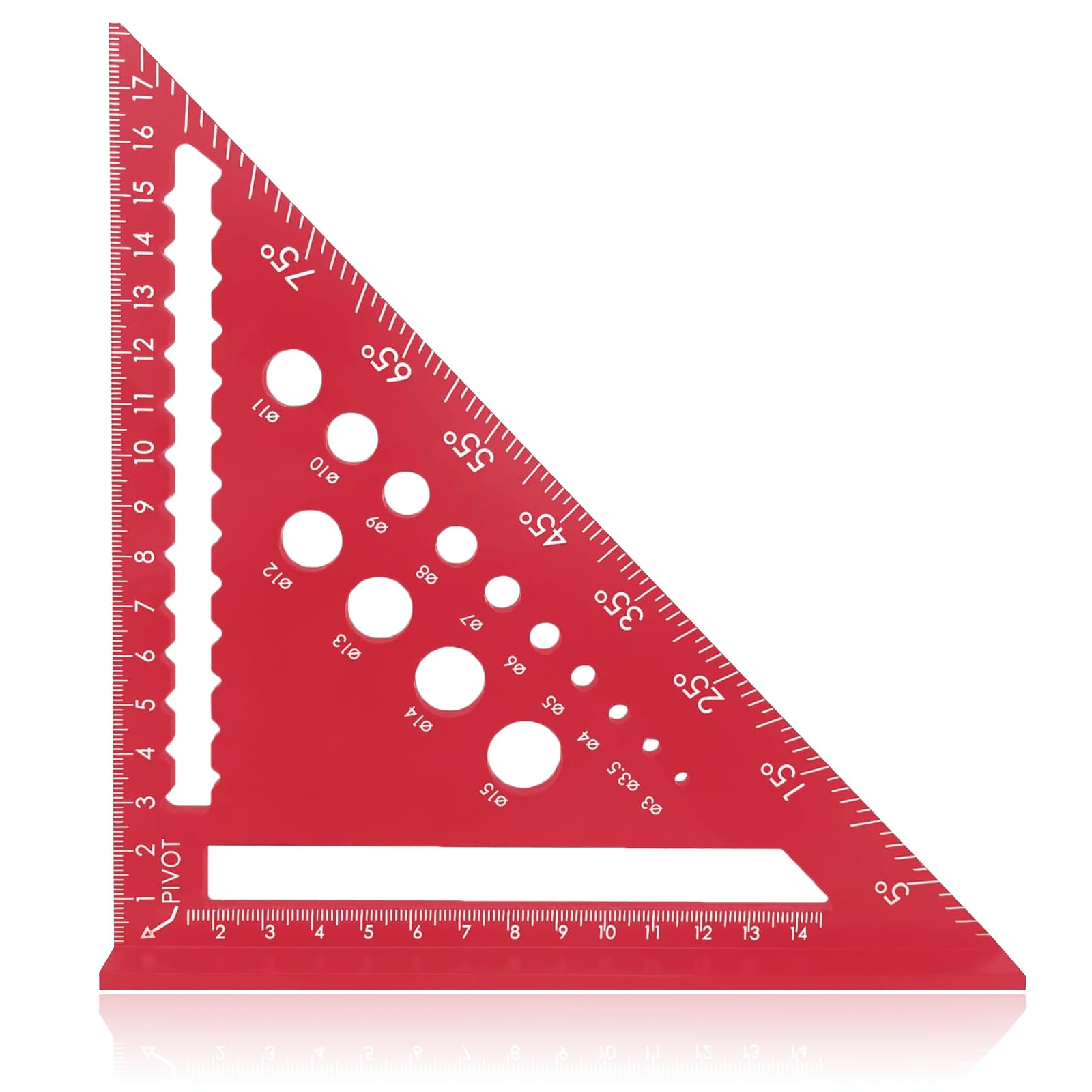 Red Aluminum Alloy Speed Square - 7inch Metric Triangle Ruler, 14 Types of Drill Holes, Roofing & Carpenters Square Tool for Angle Measuring Marking