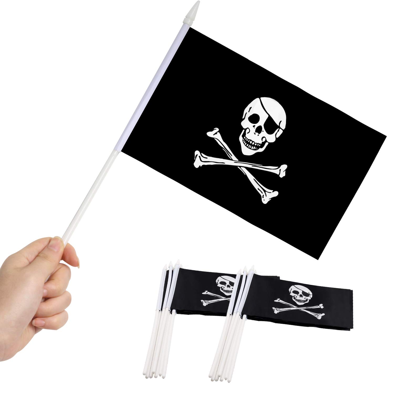 Pirate Stick Flag, ANLEY Jolly Roger 5x8 inch (12 X 20cm) HandHeld Mini Flag With 12" White Solid Pole - Vivid Color and Fade Resistant - 5 x 8 inch Hand Held Stick Flags With Spear Top (1 Dozen)