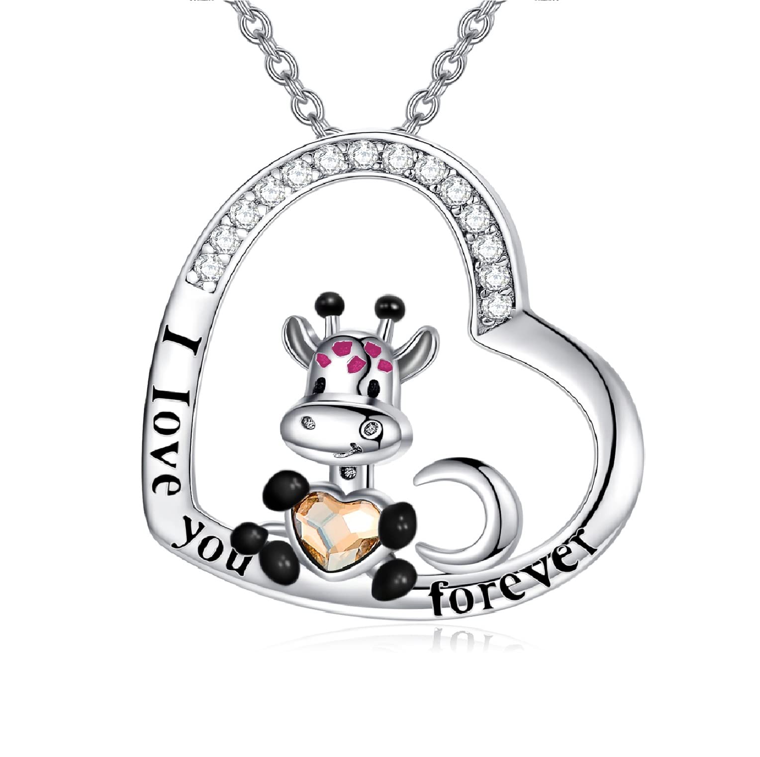 AOBOCO Giraffe Necklace 925 Sterling Silver I Love You Forever Heart Pendant Necklace, Birthday Wedding Anniversary Jewellery Gifts for Women Her Wife Girlfriend