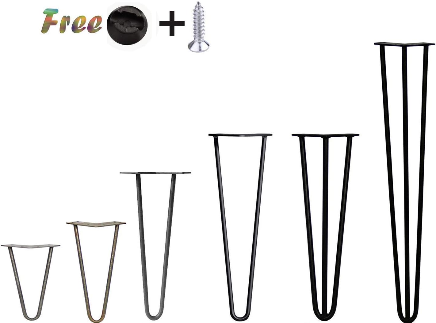 Set of 4 Heavy Duty Hairpin Table Legs with Free Screws & Protector Feet - Choice of Colour, Rod & Height (16inch/40cm, 2 Rod, Raw Steel)