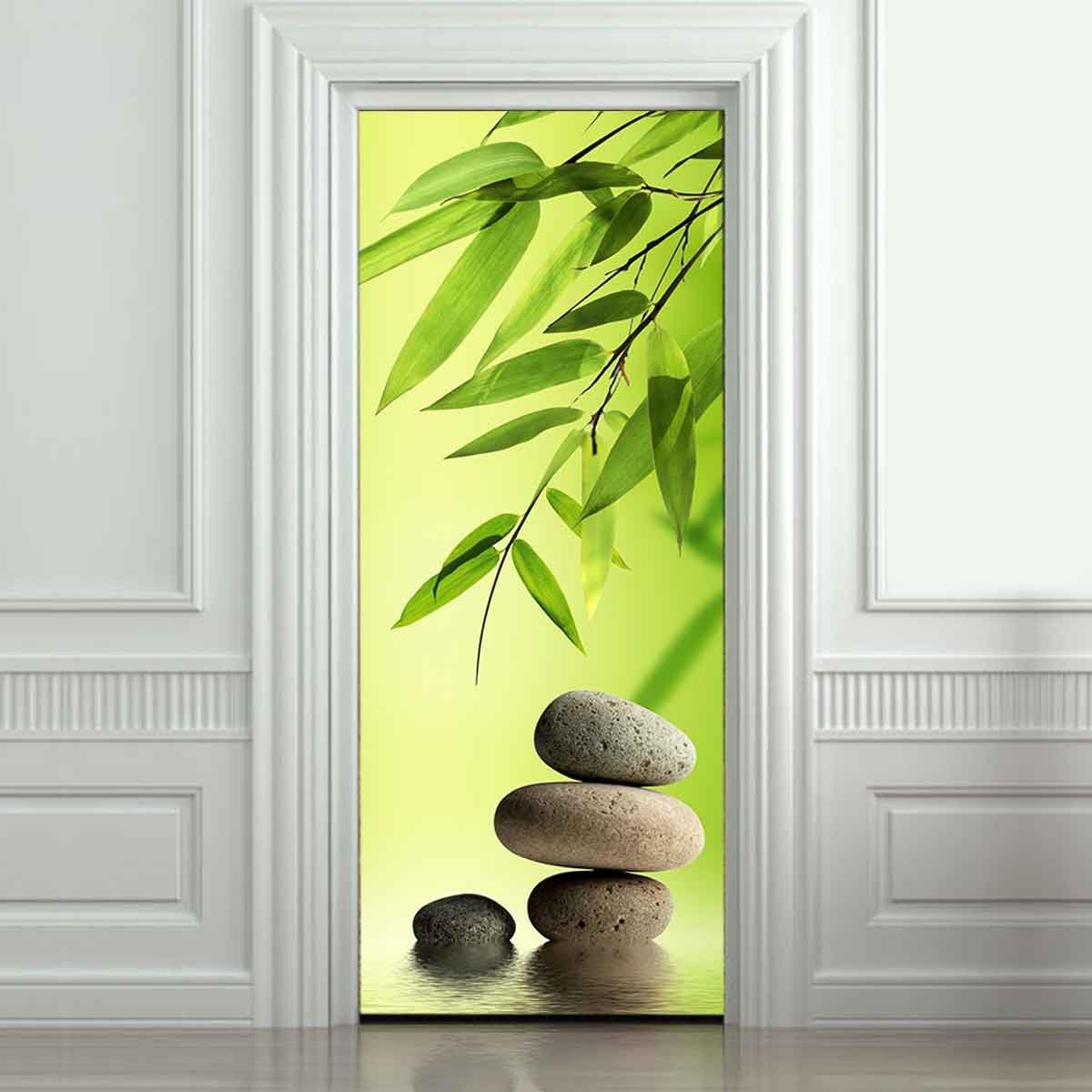 RAIN QUEEN HD Bamboo Stone with Zen Prints Decals Door Stickers(90x210cm), Creative Natural Scene Decals Wall Murals for Refreshing Door Cover, Wardrobe Cover