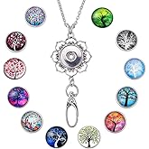SUNNYCLUE 1 Box 12Pcs Women Office Lanyard ID Badges Holder Necklace Fancy Tree of Life School Stainless Steel Badge Lanyards Breakaway Snap Buttons Charms Jewelry Pendant Clip for Teacher Nurses