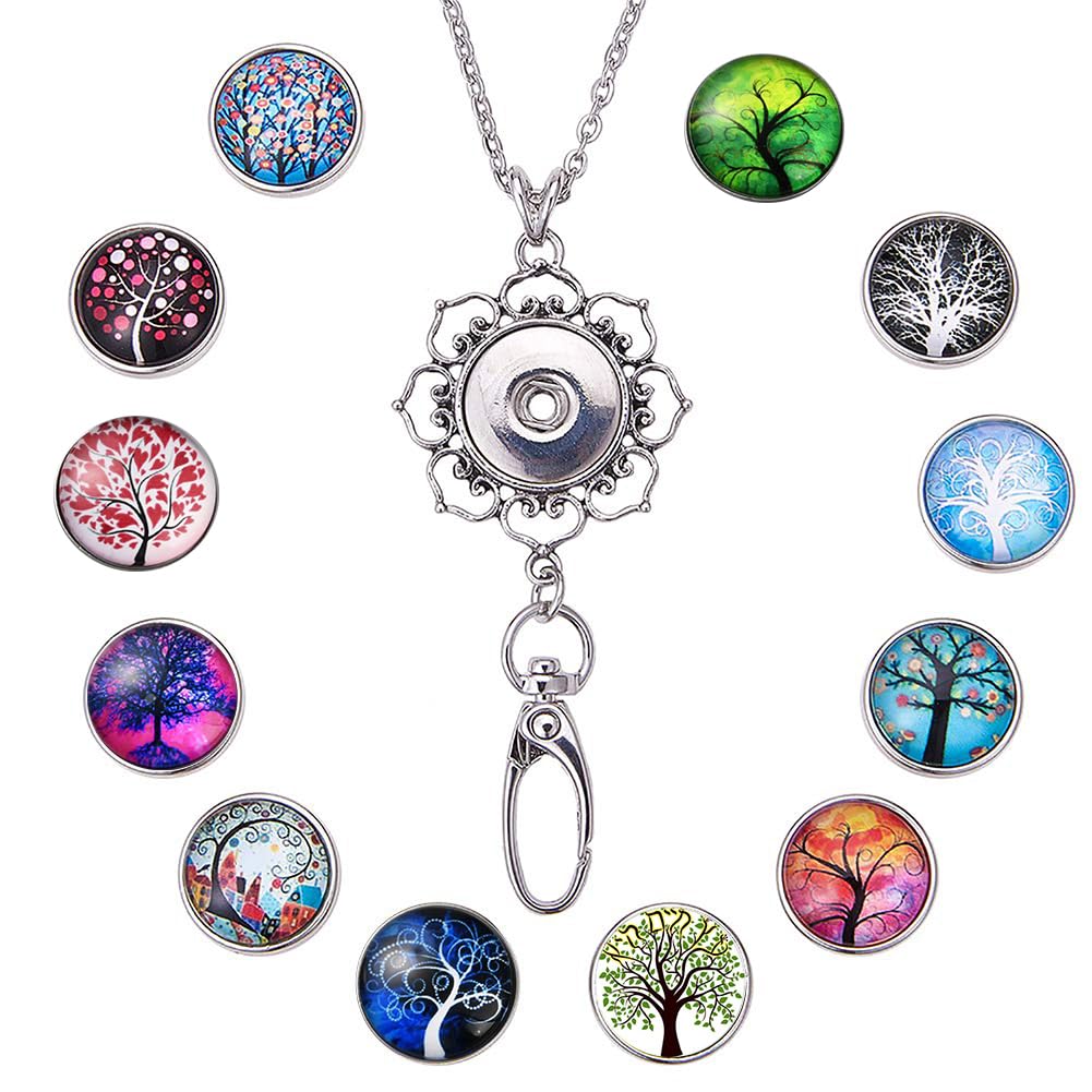 SUNNYCLUE 1 Set 30" Women Office Lanyard ID Badges Holder Necklace with 12pcs Alloy Breakaway Snap Buttons Charms Jewellry Pendant Clip & Plastic Box(Tree of Life)