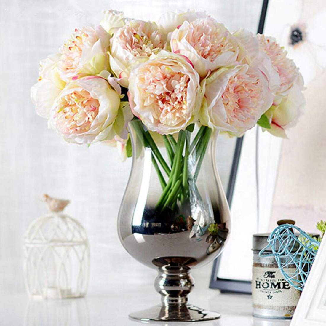 DWE Artificial Peony Flowers, 5 Heads Silk Peony Plastic Fake Flowers Bridal Bouquet for Christmas Wedding Party Home Ddecoration