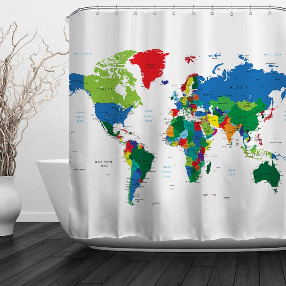 Baccessor World Map Shower Curtain Kids Educational Geography Map With Countries Major Capital Cities And Oceans Bathroom Decor Set Wih Hooks 60 W X 72 H 150cm X 180cm Colorful Earth
