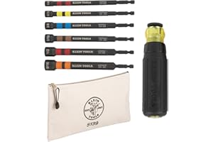 Klein Tools 80182 Ratcheting Impact-Rated Hollow Power Nut Driver Set with Handle, Magnetic, 6 SAE Hex Sizes Plus Zipper Canv