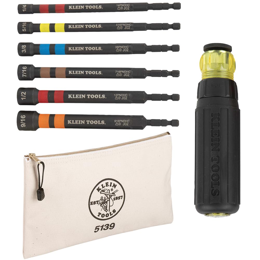 Photo 1 of Klein Tools 80182 Ratcheting Impact-Rated Hollow Power Nut Driver Set with Handle, Magnetic, 6 SAE Hex Sizes plus Zipper Canvas Tool Bag, 12.5 x 7 x 0.7-Inch 8-Piece