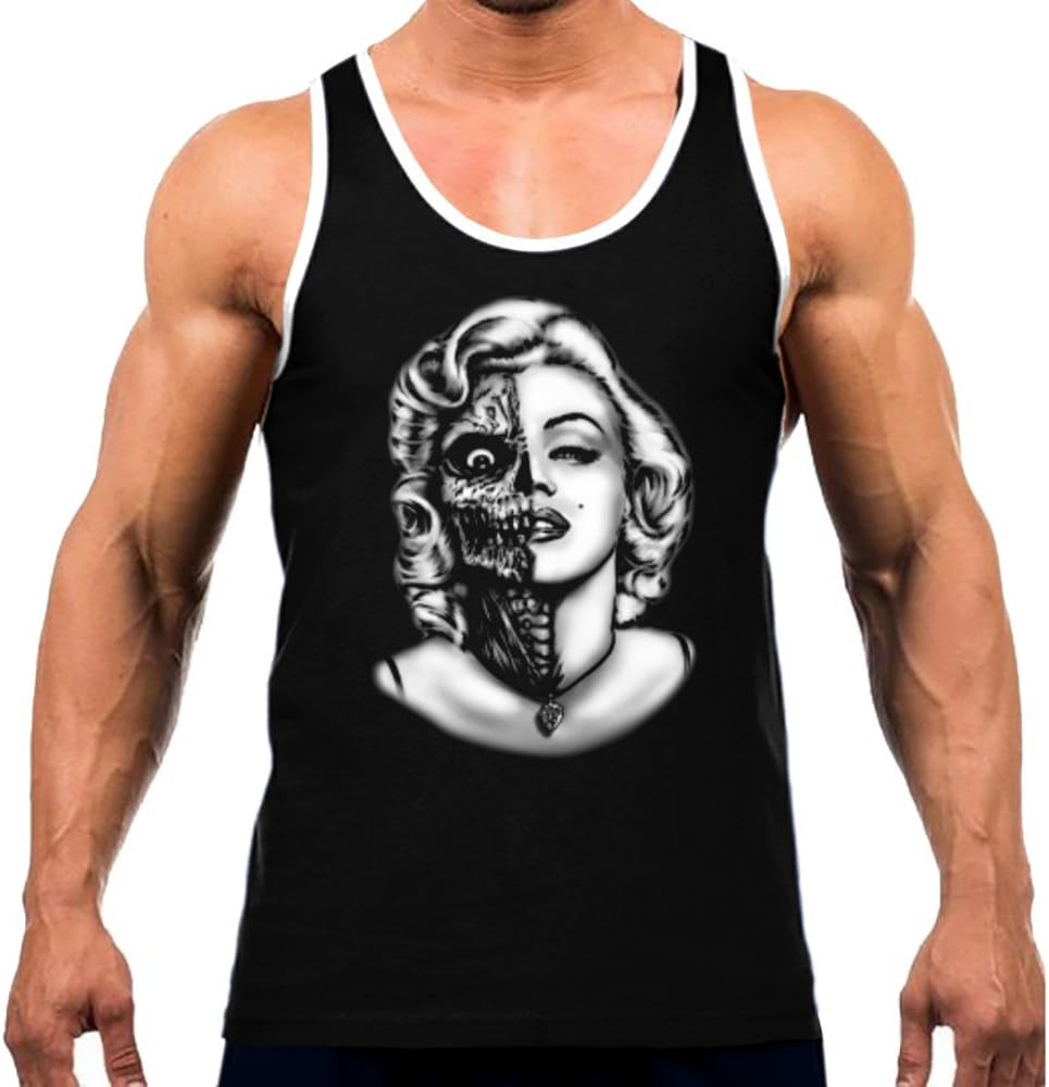 Men's Marilyn Monroe Half Skull Face Tee White Trim Black Tank Top Black