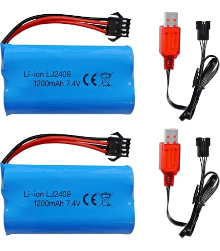 2 Batterie Li-ion 7.4V 1000mAh Con Connettore SM-2P E Caricatore USB Per Auto RC WPL/MN E Blaster Anstoy
