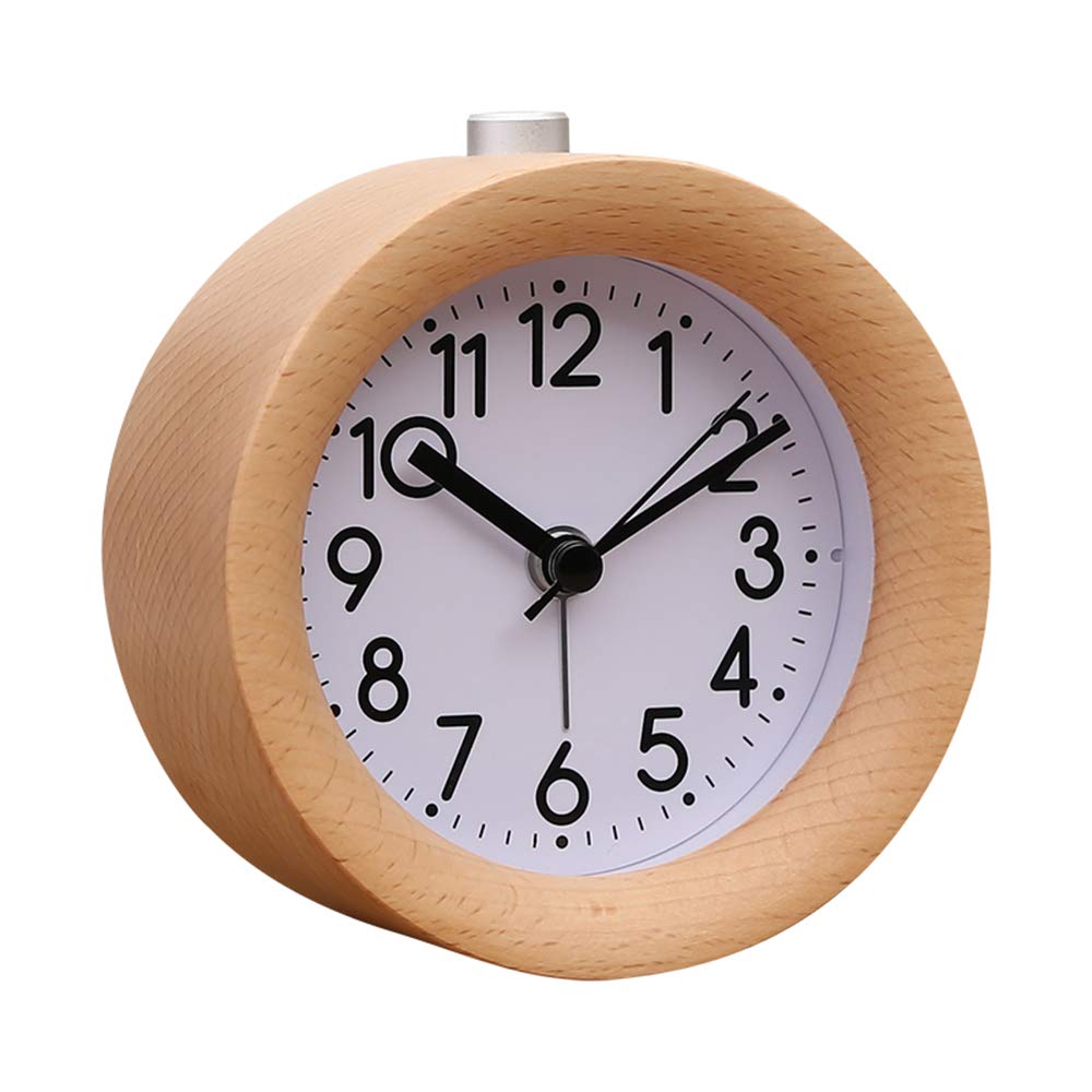 Handmade Wooden Alarm Clock Round Digital Alarm Clocks Bedside Silent Table Snooze Beech Wood Alarm Clock with Nightlight Battery Powered Desk Clock Analogue Simple Alarm Clock for Bedroom Office Home