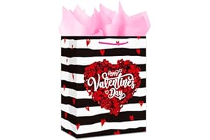 HEYINSHEN 13" Happy Valentine's Day Gift Bags Valentine Gift Bags with Tissue Paper Heart Valentine's Day Paper Bags Valentine's Day Shopping Bag (Rose Love Heart) for Valentine's Day Mother's Day