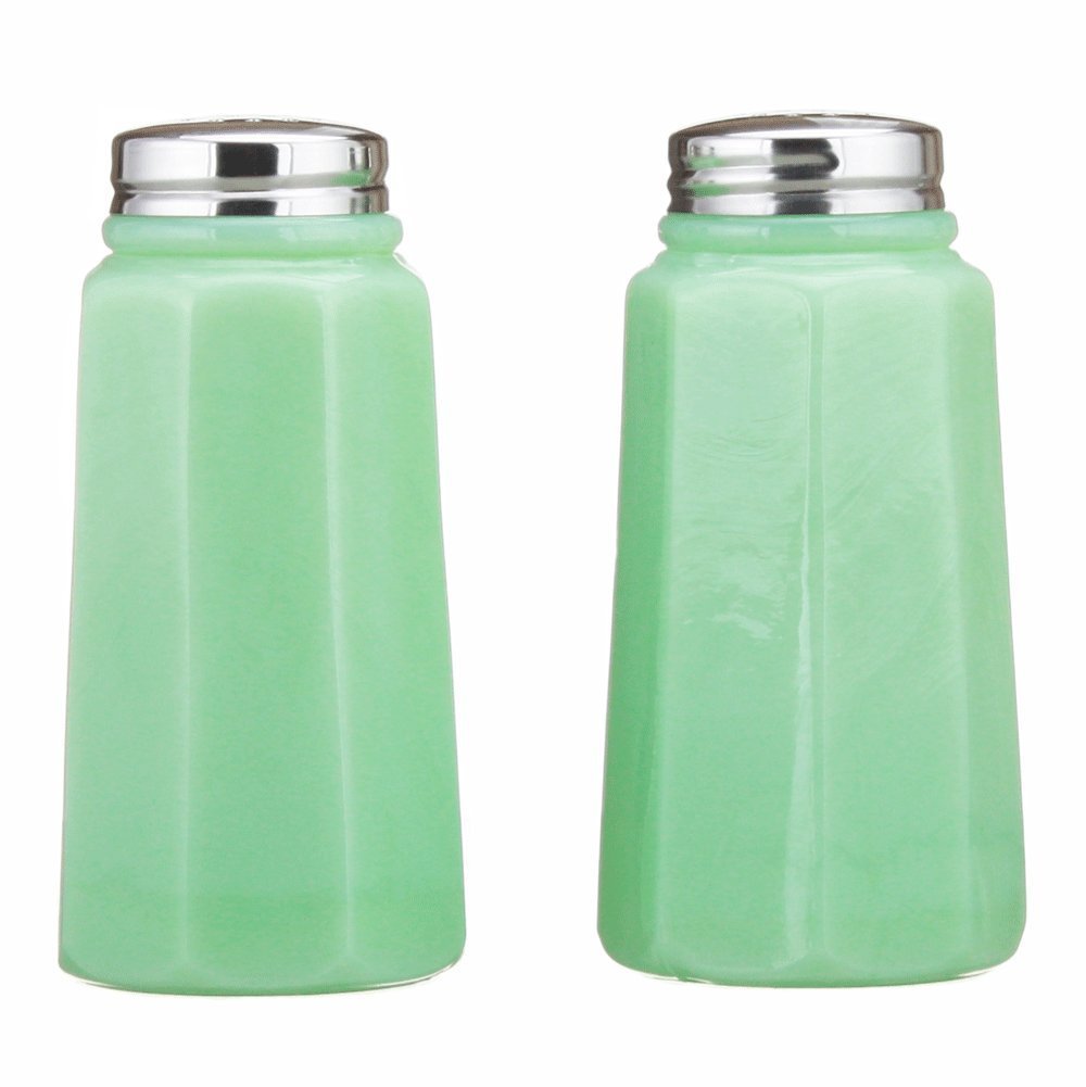 Mosser Glass Salt and Pepper Shaker Holder Set in Jadeite (Green) Color by Mosser Glass