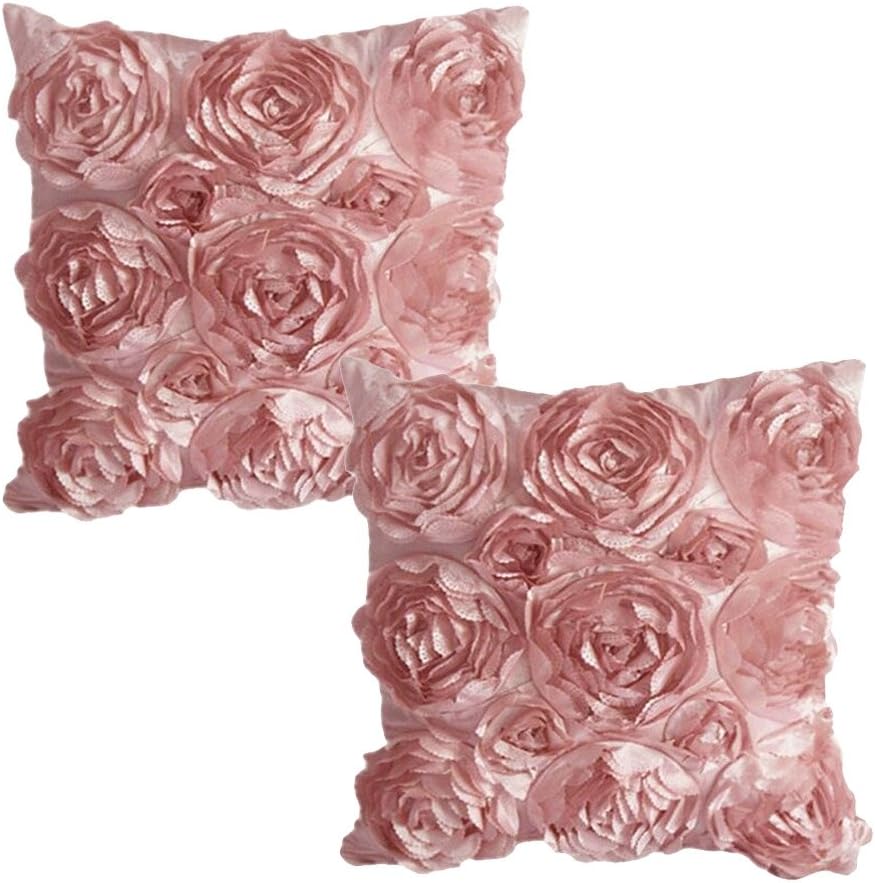 WOMHOPE Set of 2 PC (Same Color) - 3D Solid Color Satin Rose Flower Square Pillowcase Bed Sofa Cushion Pillow Case Arts Decorative Cover Rose Flowers Throw Pillow Covers Protector (Pink(2 Pcs))