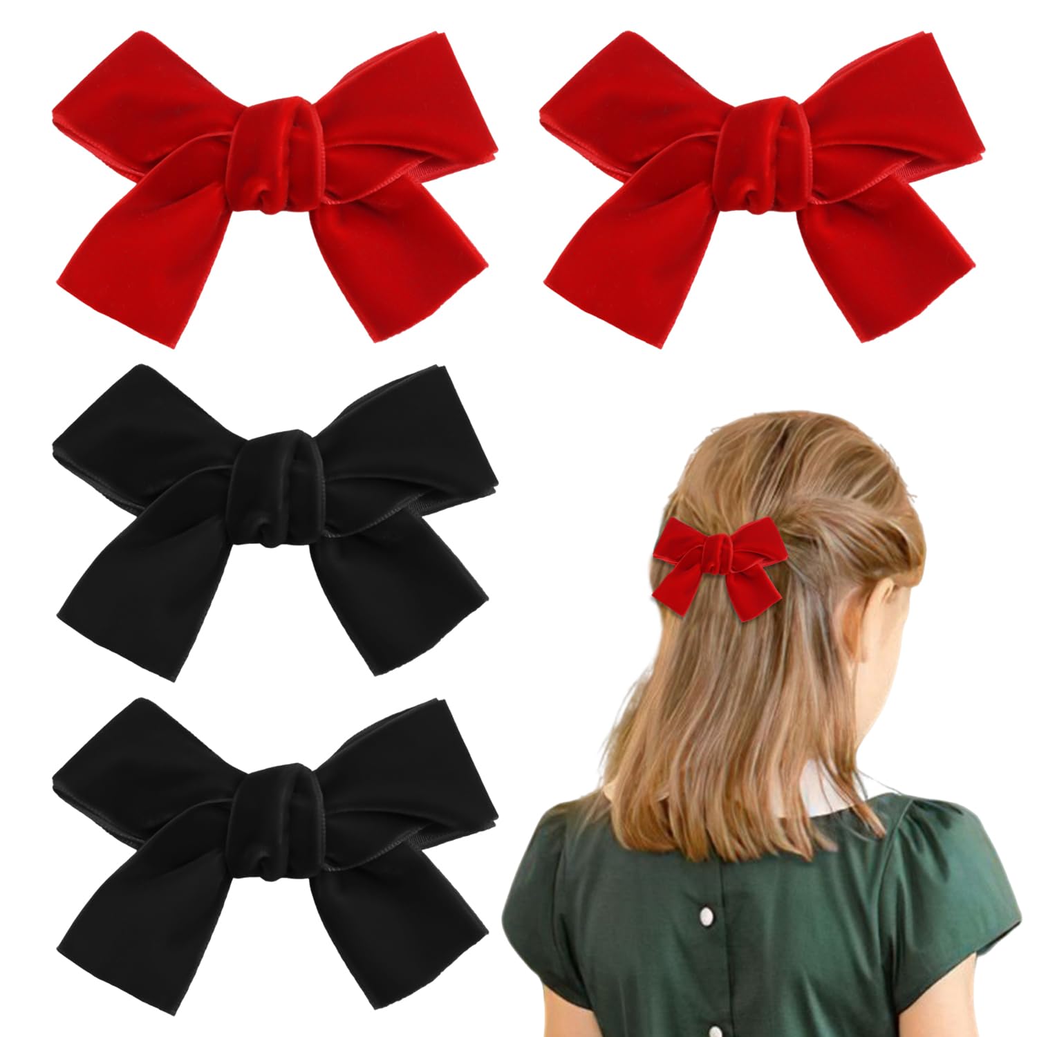 DUINIU 4 Pieces of Bow Velvet Hairpins, Women's Hairpins, Children's Hair Accessories, Fashionable Velvet, Girls' Hairpins, Velvet Bows, Bun Clips, Hairbands, Accessories (Red, Black)