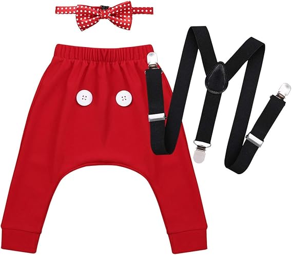 Amazon Co Jp フィーショー Feeshow ハロウィン クリスマス コスチューム ディズニー ミッキーマウス 変身 なりきり ベビー服 赤ちゃん 着ぐるみ カバーオール サスペンダー ロング パンツ ボウタイ ３点セット レッド 65 服 ファッション小物