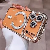 Magnetic Clear Glitter Case for iPhone 17 Pro Max,[Compatible with Magsafe],Cute Sparkly Bling Diamond Camera Lens Protector Soft Plating TPU Bumper Women Girls Phone Case for iPhone 17 Pro Max, Gold