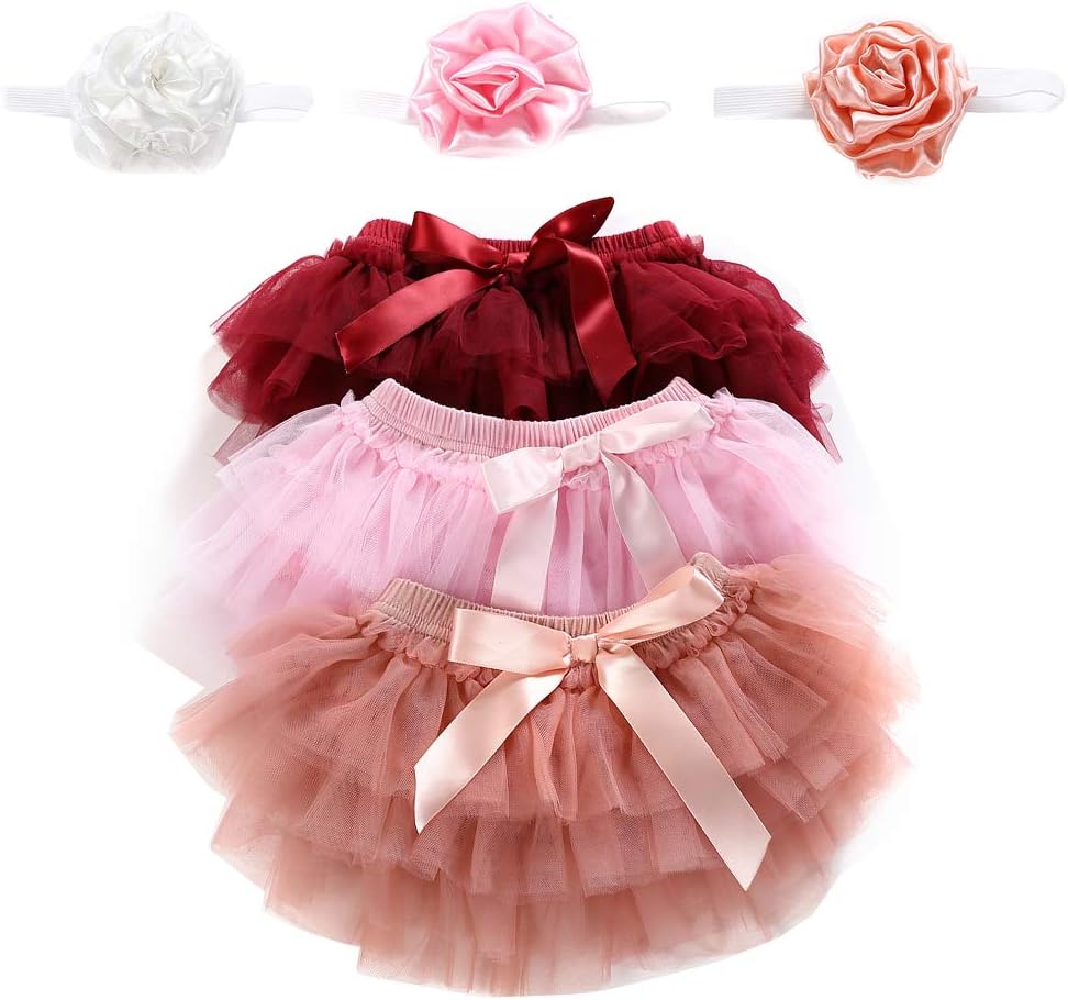 Newborn Girls 3 Layers Ruffles Tulle Skirt with Bow Baby Bloomer Diaper Cover Photography Prop Tutu and Headband Set