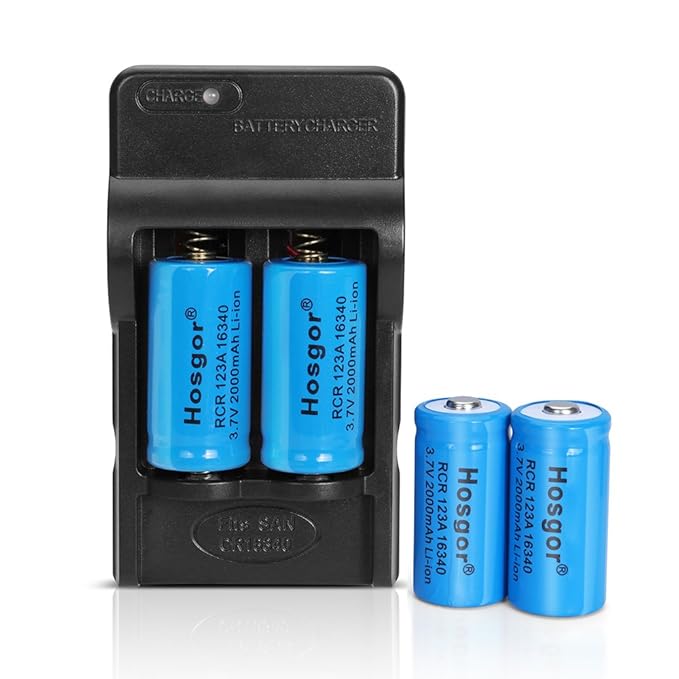 Hosgor 4 Pcs 16340 2000mah Li-ion 3.7V Rechargeable Battery with Charger