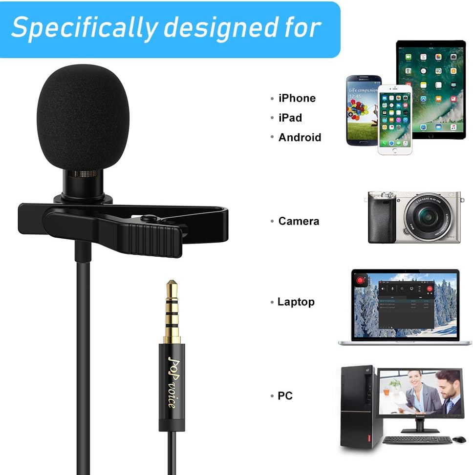 PoP Voice 12.8 Feet Lavalier Lapel Microphone Professional Grade Omnidirectional Mic Condenser Small Mini Perfect for Recording Podcast PC Laptop Android iPhone YouTube Interview ASMR External: Musical Instruments