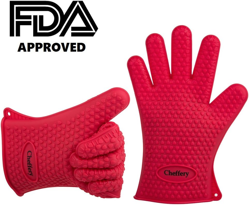 Pair of Cheffery(TM) Heat Resistant Silicone Gloves Oven Mitts with Free Premium Hassle-free Lifetime Guarantee! (Red)