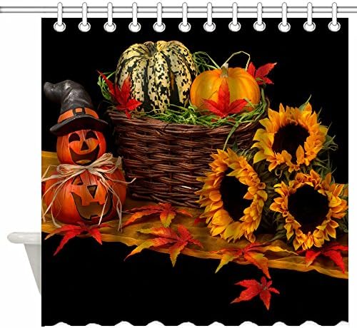 Luckcac 72 x 72 Inch Shower Curtain Custom, Autumn Leaves Happy Halloween Pumpkin and Sunflowers