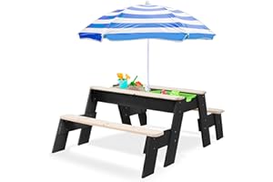 Kids 3-in-1 Sand & Water Activity Table, Wood Outdoor Convertible Picnic Table, 2 Play Boxes, Removable Top, Picnic Table for