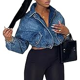 Molilove Cropped Jean Jackets for Women Long Sleeve Lapel Neck Zipper Up Varsity Jackets Denim Bomber Coats with Pockets