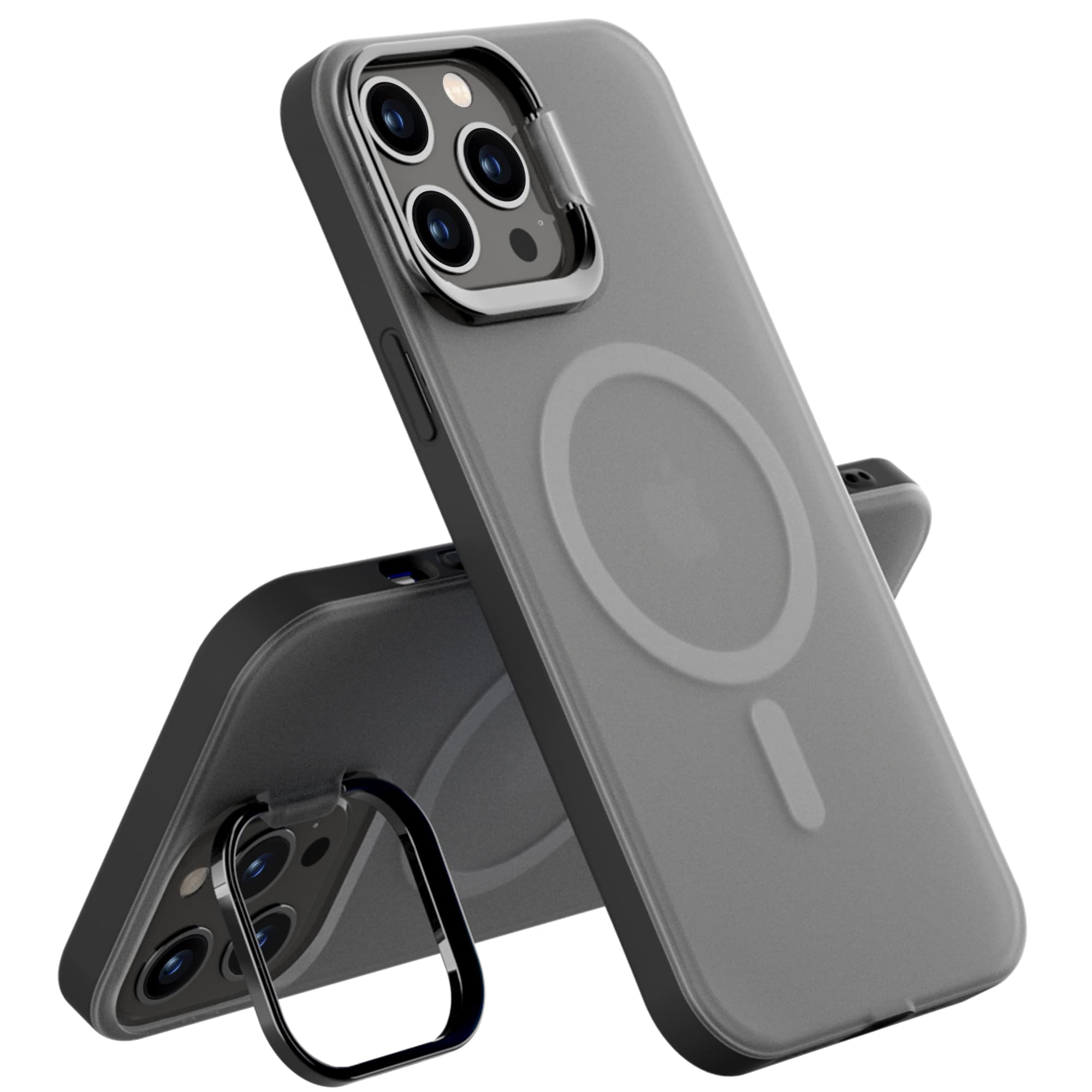 PZOZ Case Compatible with iPhone 13 Pro Max for MagSafe,Hard Cover Camera Lens Protector Phone Stand Matte Clear PC+TPU Shockproof Protection Accessories (13 Pro Max, Black)