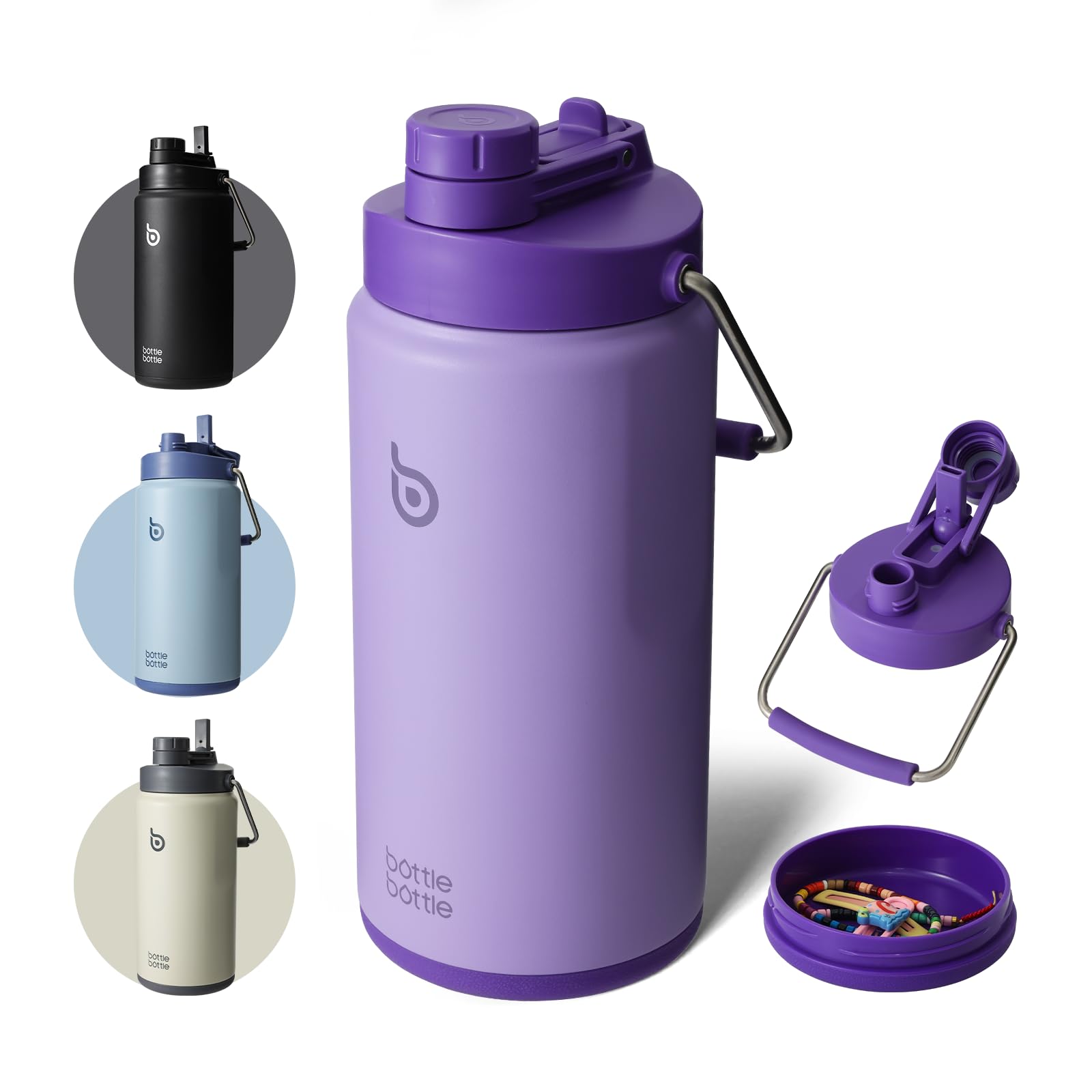 Photo 1 of BOTTLE BOTTLE Insulated Water Bottle 64 oz with Straw and Dual-use Lid Half Gallon Water Jug Vacuum Stainless Steel for Workout Sports Insulated Beer Growler with Handle and Pills Holder Purple