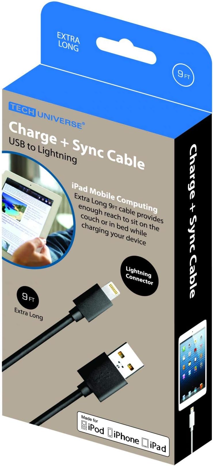 Tech Universe Lightning Charge + Sync Cable (9ft Extra Long) - Apple Certified