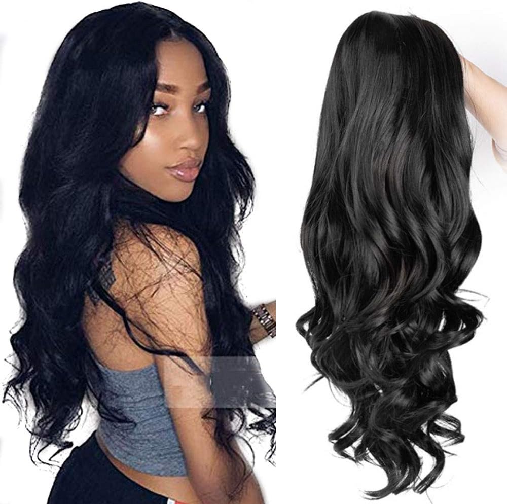 Lihui Wigs Long Wigs Wavy Wig Natural Wavy Synthetic Wigs For Women Middle Part 26 Inches Natural Black Color