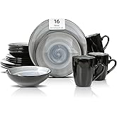 HomeVss, Sonoma Stoneware Dinnerware Set, Outside Black + Inside Hand Painting Color (16pc Set, Grey)