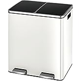 Arlopu Dual Trash Can, 2 x 8 Gallon (2 x 30 L) Hands-Free Trash and Recycle Bin Combo, Stainless Steel Kitchen Garbage Can with Soft-Close Lid, Removable Inner Buckets, Step Pedal, Airtight (White)