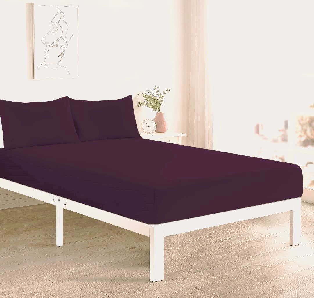 Comfort Collections Fitted Bed Sheet With FREE MATCHING 2 X PILLOW CASES Poly Cotton Percale Easy Care Plain Dyed Bed Sheet Plum Superking