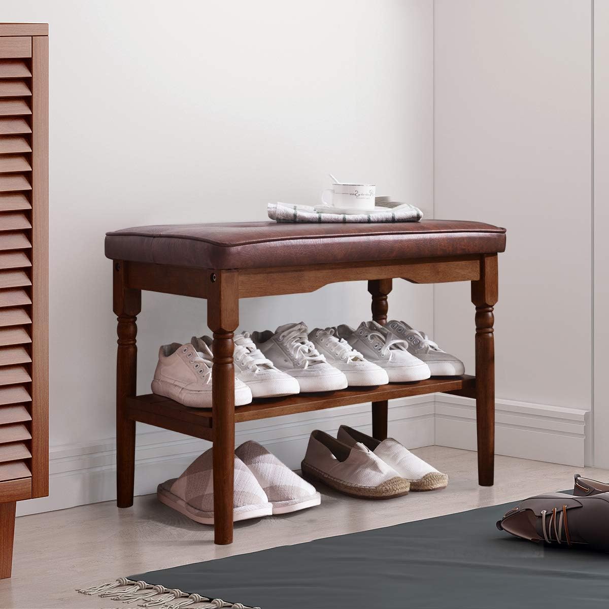 OGCAU Shoe Rack Bench Wooden Shoe Storage Bench Entryway with Storage Bench for Bedroom, Living Room, Hallway, Garage(Walnut): Kitchen & Dining