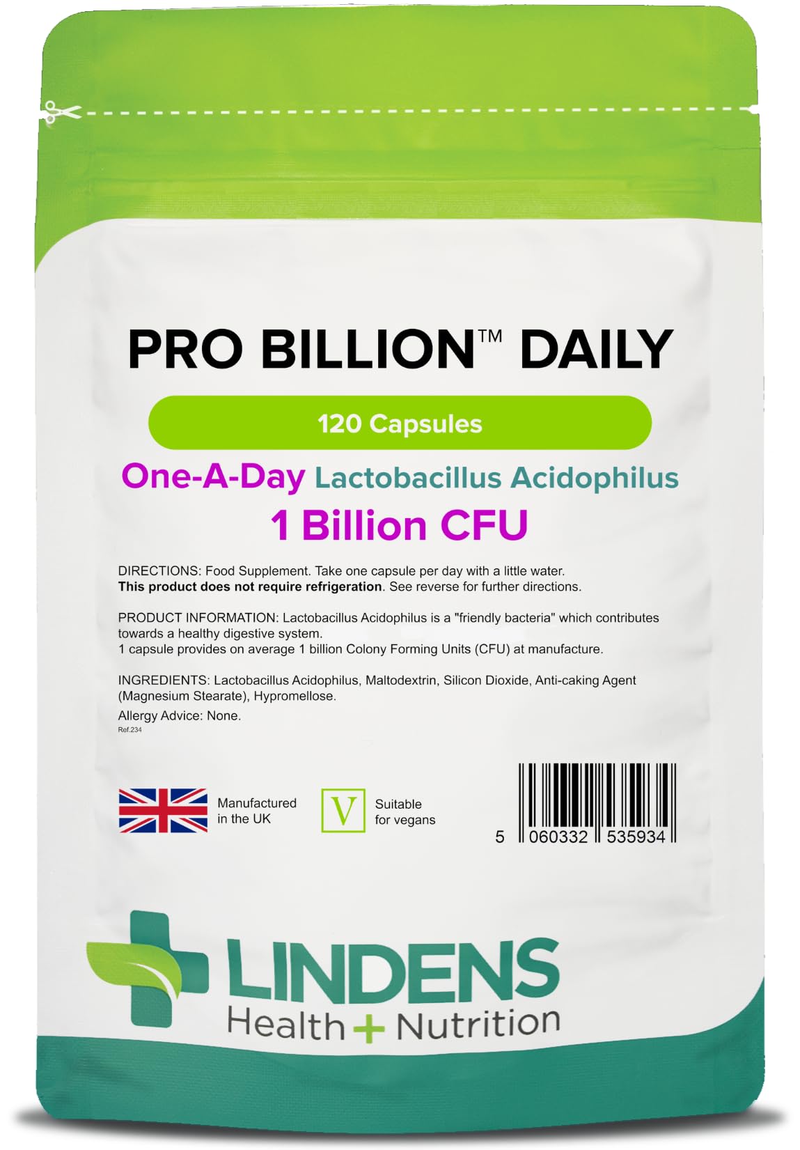 Lindens - Pro Billion Daily - Acidophilus Lactobacillus - 120 Capsules - UK Made - 1 Billion CFU Friendly Bacteria - Supports Digestive Health - Vegan Friendly - GMP & Letterbox Friendly