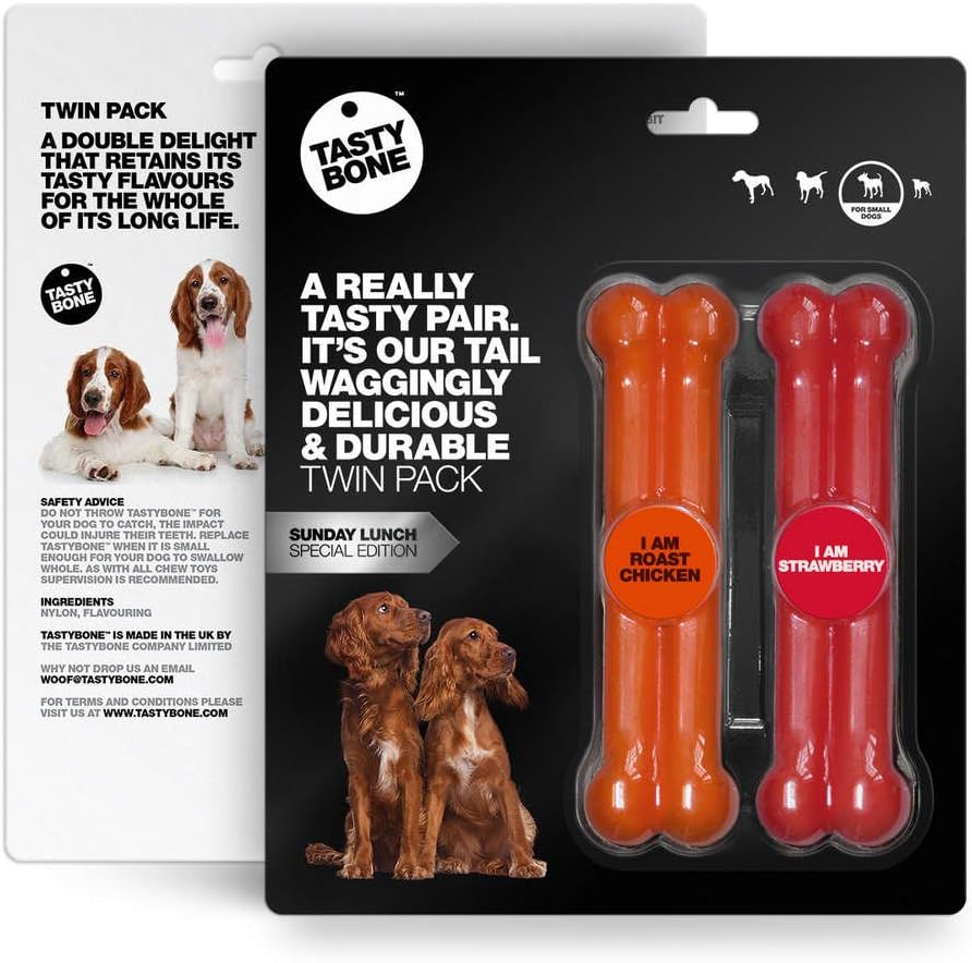 TASTY BONE TWIN PACK SUNDAY LUNCH SPECIAL EDITION NYLON DOG CHEW TOYS ROAST CHICKEN & STRAWBERRY DESSERT