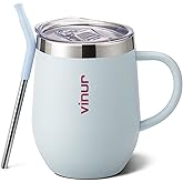 VINUR Kids Cup with Straw and Lid -12 oz Stainless Steel Double Wall Vacuum Insulated Water Drinking Cup with Handle-Leak Proof Coffee Mug for Travel (Baby Blue)