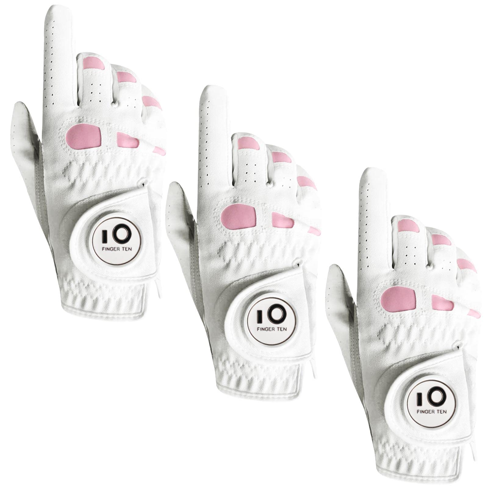 AXKAL Lady Golf Glove Ladies Women Left Hand Right Leather With Ball Marker Value 3 Pack (Not In Pair), Gloves Durable Soft Good Grip Fit Small Medium Large XL（L, Worn on Right Hand）