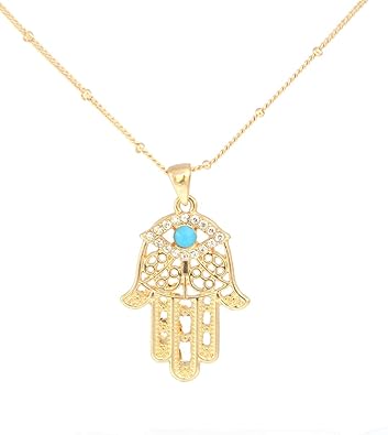 Halskette mit Anhänger, Hand der Fatima, Goldfarben mit türkis-blauer Perle und Strasssteinen, Hamsa, in Organzatasche
