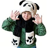 Kids Winter Hat Gloves Scarf Set,Cute Panda Hat with Movable Ears Thick Warm Hood Cap for Girls Boys 4-10 Years Old