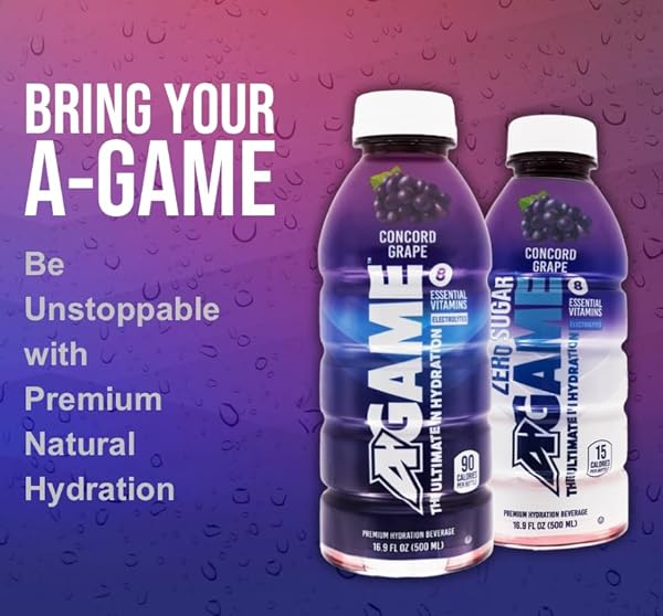 A-GAME SPORTS DRINK, CONCORD GRAPE, THE ULTIMATE HYDRATION SPORTS BEVERAGE FOR ATHLETES, 8 ESSENTIAL VITAMINS INCLUDING B, C, & E PLUS NATURAL SEA SALT ELECTROLYTES, ALL NATURAL FLAVORS & SWEETENERS, GLUTEN FREE, 16 FL OZ (PACK OF 12)