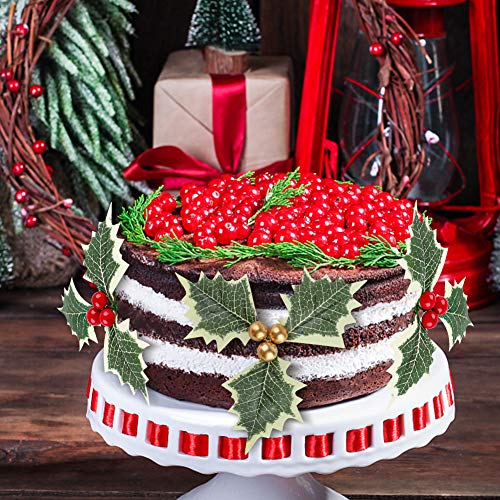 BigOtters Artificial Holly Berries with Green Leaves, 24PCS Gold and Red Holly Berry Flower with Leaves for Christmas Wreath Arrangement Cake Toppers Craft Wedding Party Home Gift Decorations