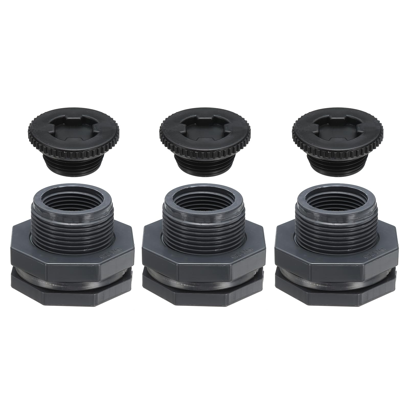 PATIKIL PVC Bulkhead Fitting with Plug G 1, 3 Pcs Double Threaded Bulkhead Water Tank Connector with PVC Seal Gasket for Rain Bucket, Sinks, Aquariums, Grey