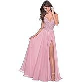 Holygift Women's Lace Appliques Prom Dresses Long V Neck Slit Evening Dress Spaghetti Straps Lace Formal Party Gown