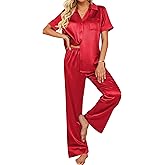 Ekouaer Silk Pajamas for Womens Set 2 Piece Satin Pjs Soft Button Down Sleepwear Wide Leg Long Pants with Pockets